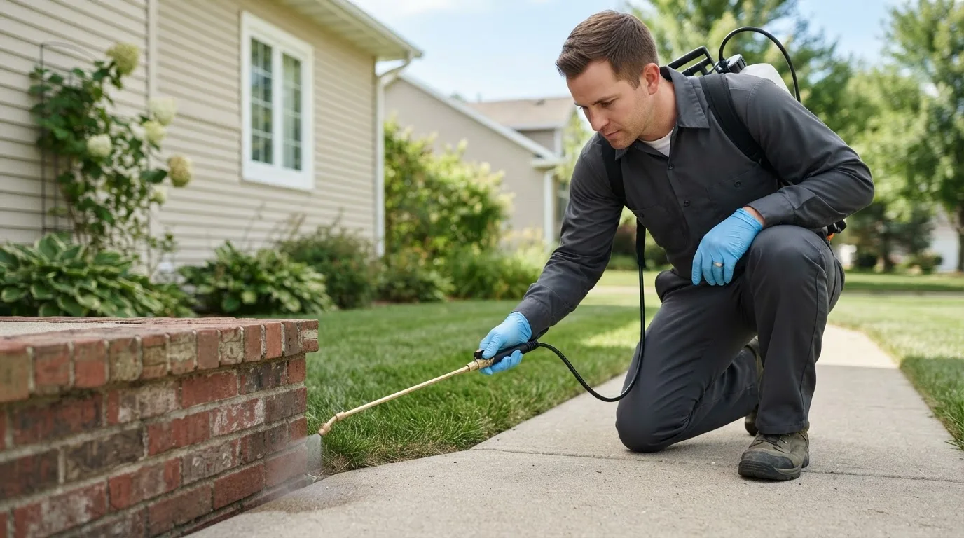 Pest control technician treating a home near Nolan, TX